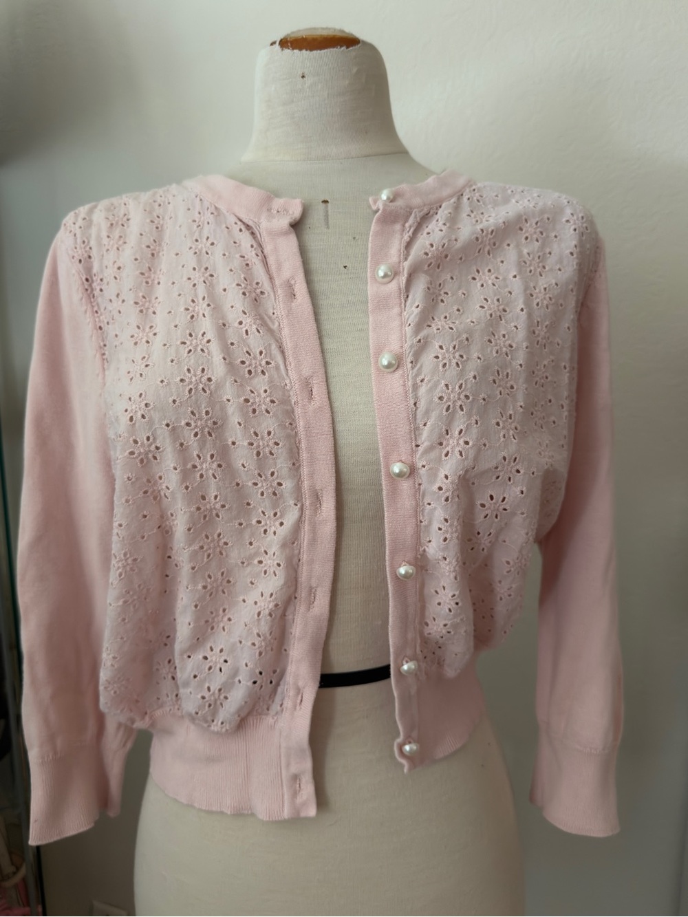 Karl Lagerfeld Soft Pink Eyelet Knit Cardigan with Pearl Buttons